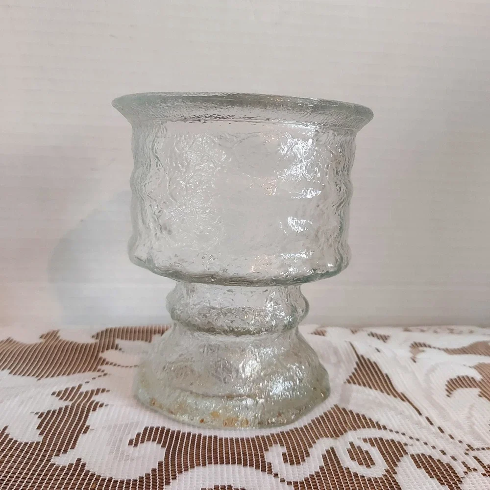 Crisa USA Vintage Textured Ice Glass Pedestal Vase Candle Holder Brutalist 5x4.5